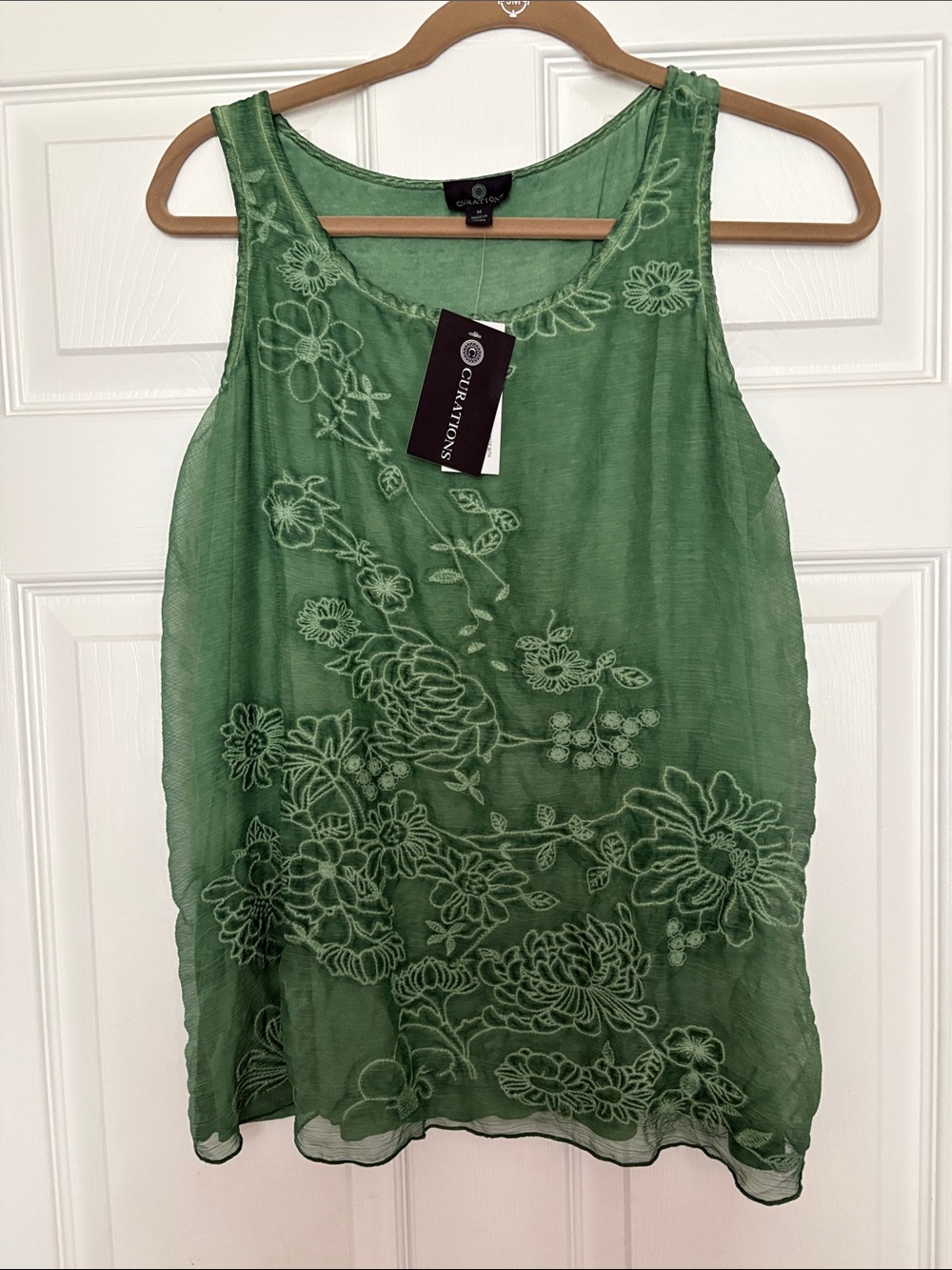 Curations Green Floral Embroidered Tank Top